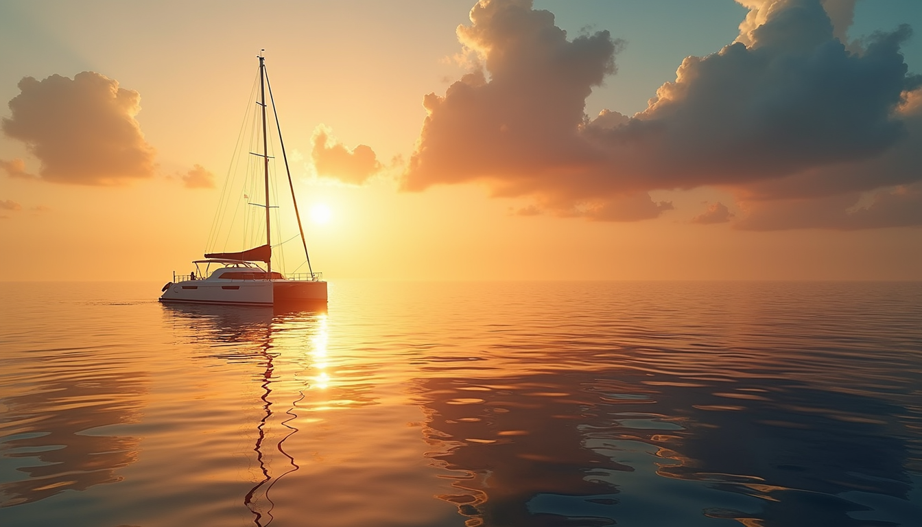 Eye-level view of a luxury catamaran anchored at a serene beach