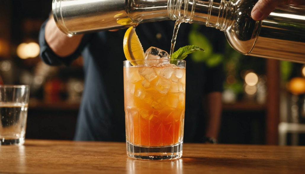 Close-up view of a tropical cocktail being poured into a glass