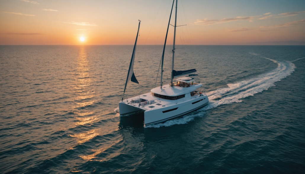 High angle view of a catamaran sailing with sunset in the background